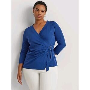 Lauren Ralph Lauren Women's Stretch‎ Jersey Faux Wrap Blouse Sz 1X Staple Indigo